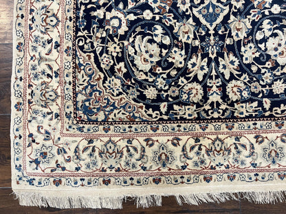 Very Fine Persian Nain Rug 3.7 x 6, Floral Medallion, Wool and Silk Accents, Highly Detailed, Hand Knotted Oriental Carpet, Navy Blue Ivory/Cream - Nuvé