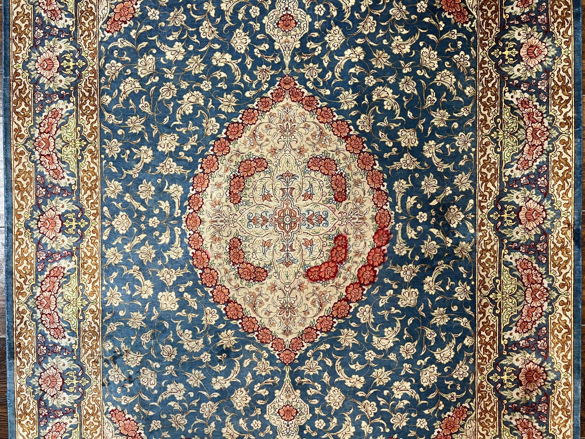 Magnificent Persian Qum Silk Rug 3x5, Blue, Super Fine 675 KPSI - 70 Raj, Floral Roses, Handmade Vintage Silk Carpet, Masterpiece - Nuvé