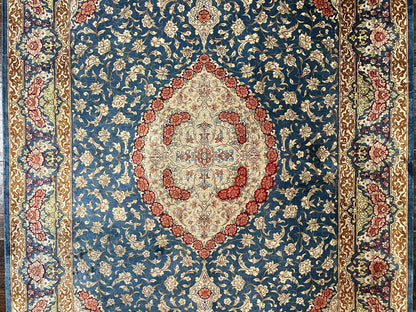 Magnificent Persian Qum Silk Rug 3x5, Blue, Super Fine 675 KPSI - 70 Raj, Floral Roses, Handmade Vintage Silk Carpet, Masterpiece - Nuvé