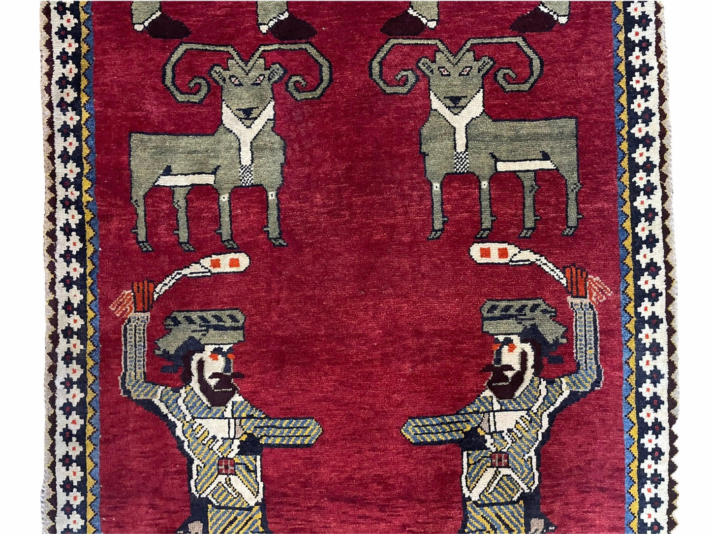3 X 6 Handmade Wool Rug Tribal Balouch Warriors Deer Animal Pictorial Red Swords - Nuvé
