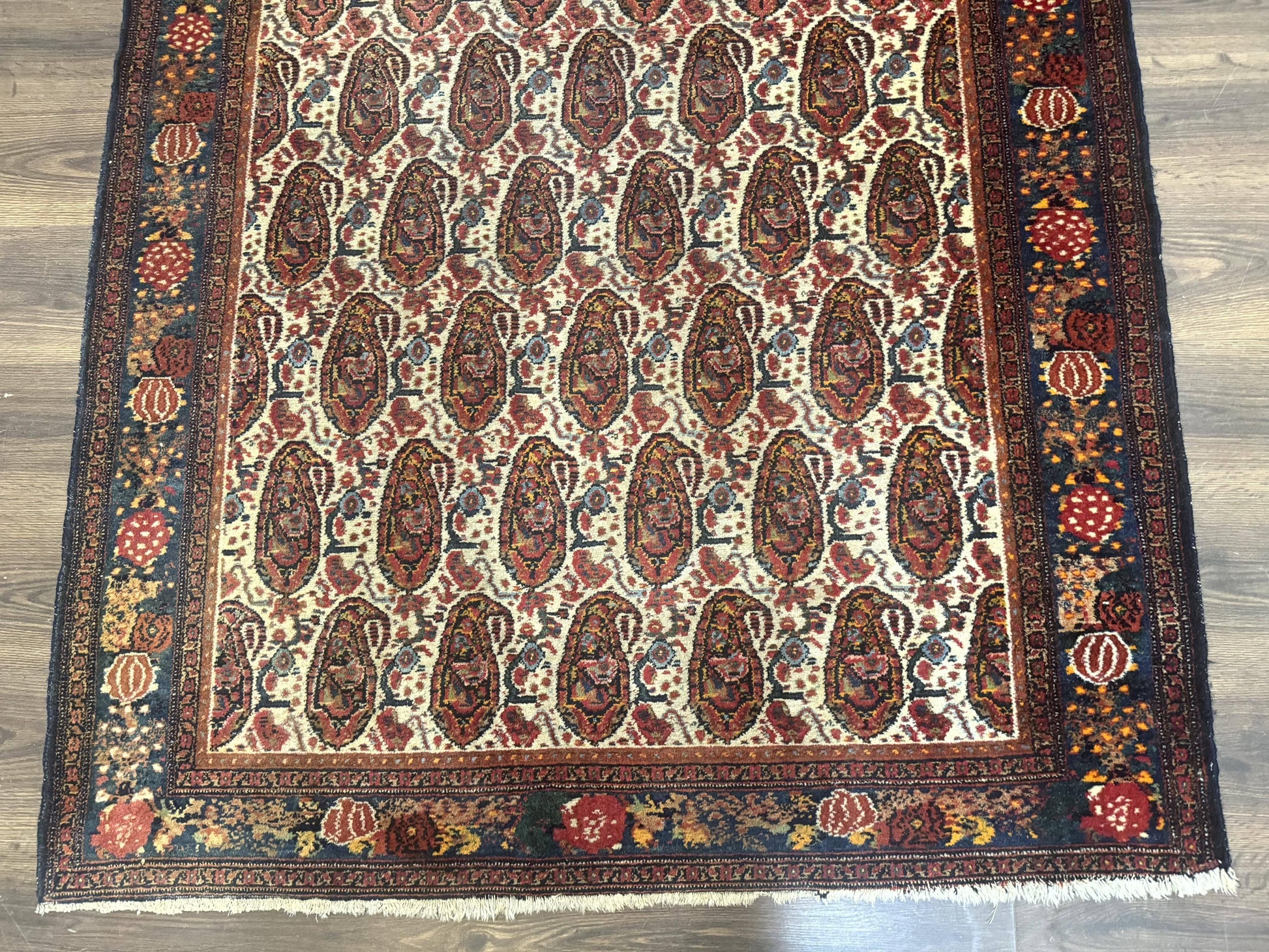 Antique Persian Kurdish Senneh Rug 4.6 x 6.5, Repeated Paisely Boteh Design, Handmade - Nuvé