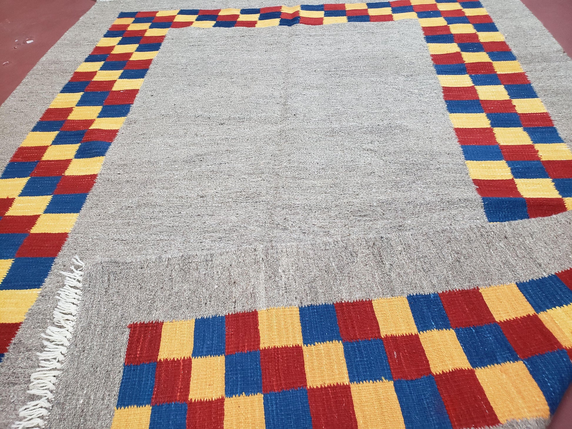 New Turkish Kilim Area Rug, Gray Carpet With Colorful Checker Border, 5'6" x 8", Flatweave Carpet, Playroom Rug, Kids Room Rug, Hand-Knotted - Nuvé