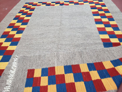 New Turkish Kilim Area Rug, Gray Carpet With Colorful Checker Border, 5'6" x 8", Flatweave Carpet, Playroom Rug, Kids Room Rug, Hand-Knotted - Nuvé