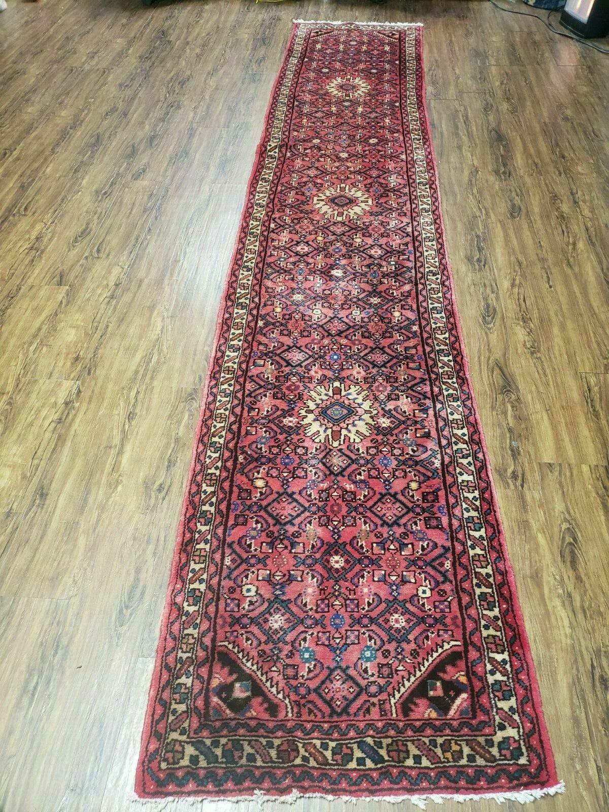 Persian Hamadan Runner Rug 2.8 x 14, Red, Vintage Handmade Wool Runner Rug - Nuvé
