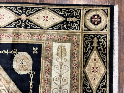Tibetan Rug 8x10, Nepali Area Rug, Soft New Zealand Wool Carpet 8 x 10 ft, Black Tan Beige, Vintage Handmade Rug, French Aubusson Pattern - Nuvé