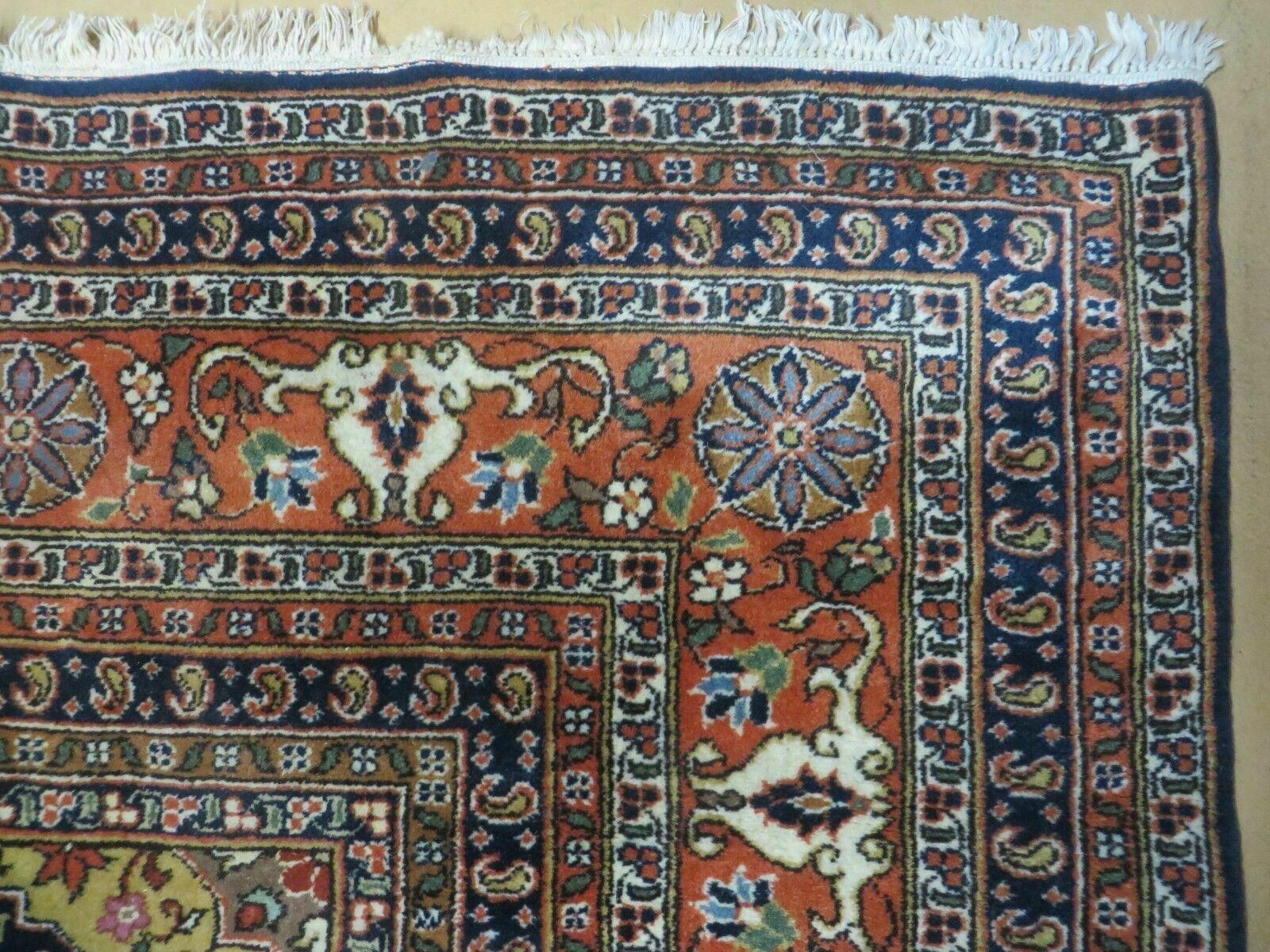 Indo Persian Rug 9x12, Semi Open Field Medallion, Ivory Tomato Red Navy Blue, Hand Knotted Indian Oriental Wool Carpet 9 x 12 ft, Room Sized - Nuvé