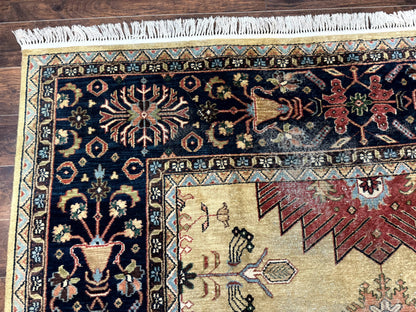 Indo Persian Heriz Rug 8x12, Camel Hair Tan and Navy Blue, Decorative - Nuvé