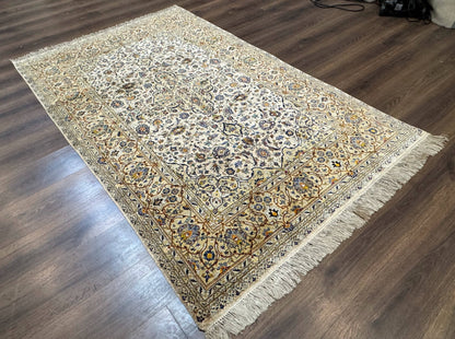 Rare Silk Persian Kashan Rug 4.6 x 7, Antique Fine 310 KPSI, Ivory - Nuvé