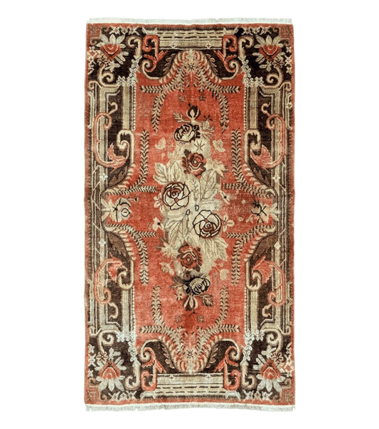 Khotan Rug 5x9, Terracotta and Brown, Floral, Chinese Wool Carpet, Antique Rug