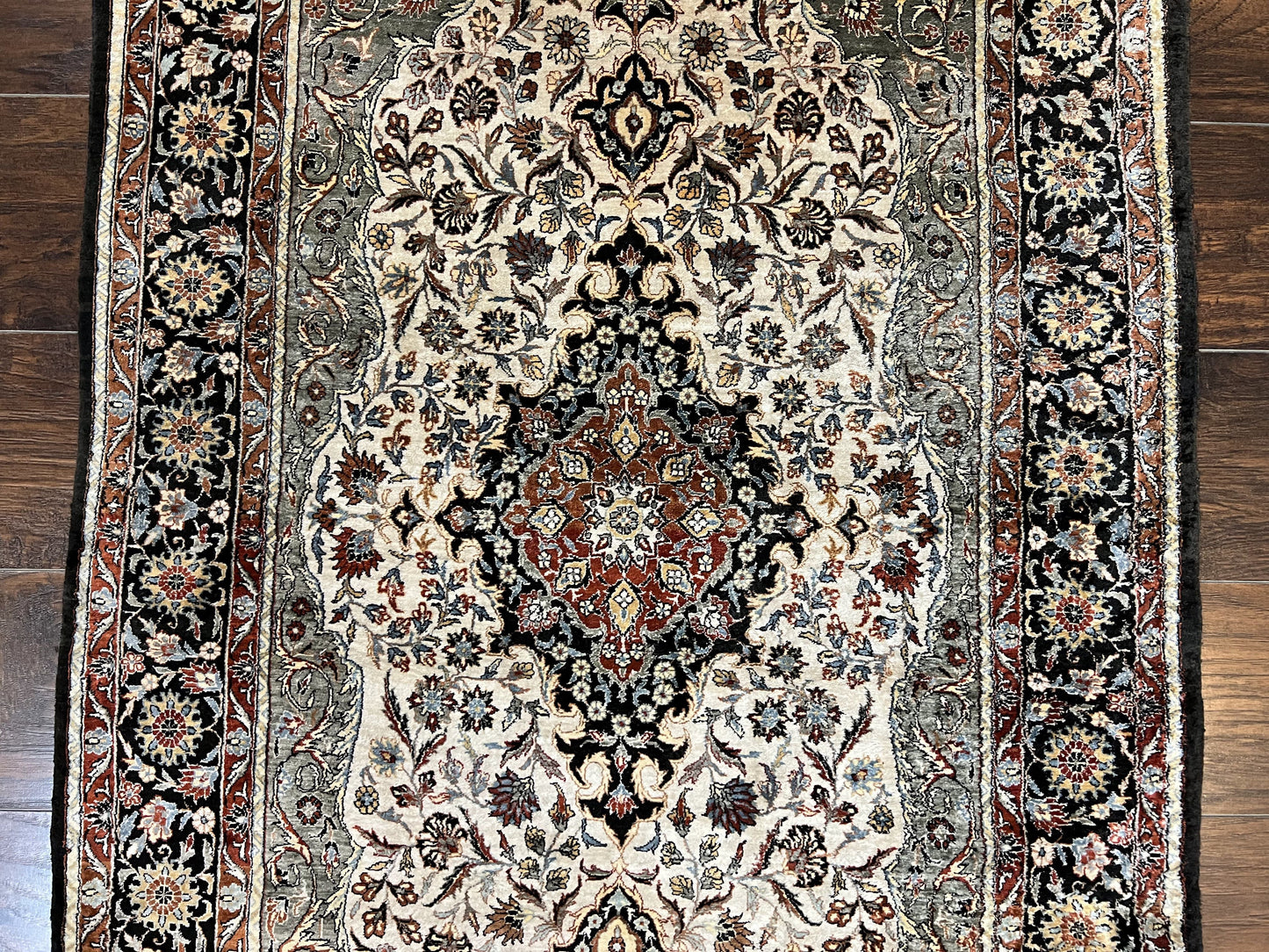 Silk Sino Persian Rug 3x5, Floral Medallion, Hand Knotted Silk Pile Silk Foundation, Traditional Silk Handmade Oriental Carpet, Cream Black - Nuvé