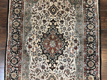 Silk Sino Persian Rug 3x5, Floral Medallion, Hand Knotted Silk Pile Silk Foundation, Traditional Silk Handmade Oriental Carpet, Cream Black - Nuvé