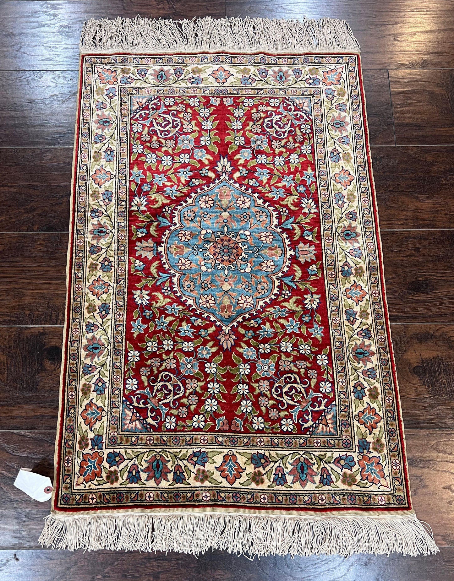 Silk Turkish Kayseri Rug 2x3, Small All Silk Turkish Carpet, Red and Light Blue, Very Fine Hand Knotted Semi Antique Vintage Handmade Rug - Nuvé