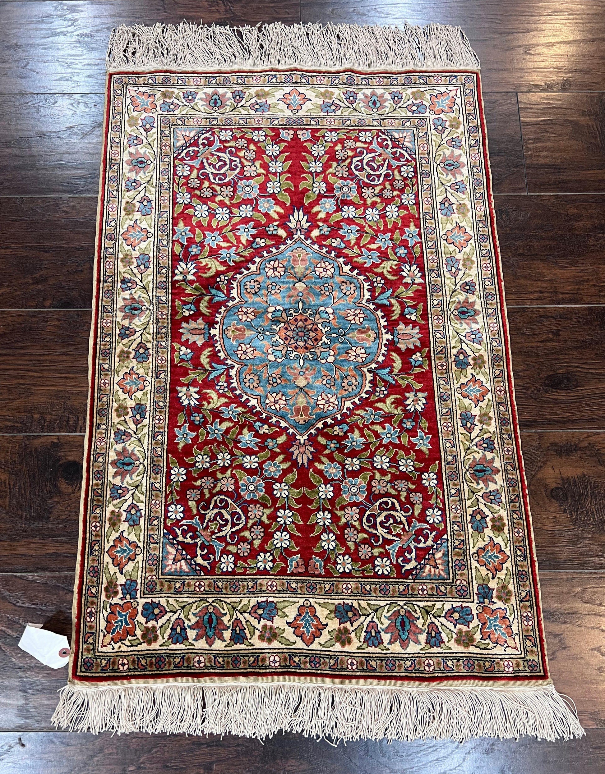 Silk Turkish Kayseri Rug 2x3, Small All Silk Turkish Carpet, Red and Light Blue, Very Fine Hand Knotted Semi Antique Vintage Handmade Rug - Nuvé