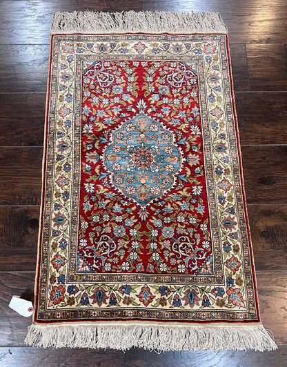 Silk Turkish Kayseri Rug 2x3, Small All Silk Turkish Carpet, Red and Light Blue, Very Fine Hand Knotted Semi Antique Vintage Handmade Rug - Nuvé