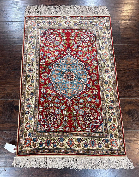 Silk Turkish Kayseri Rug 2x3, Small All Silk Turkish Carpet, Red and Light Blue, Very Fine Hand Knotted Semi Antique Vintage Handmade Rug - Nuvé