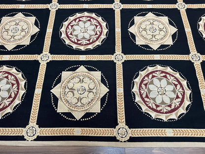 Large Needlepoint Rug 10x13, Panel Design, Black and Beige, Wool Needlepoint Carpet 10 x 13, English Garden, Handwoven Area Rug, Living Room - Nuvé