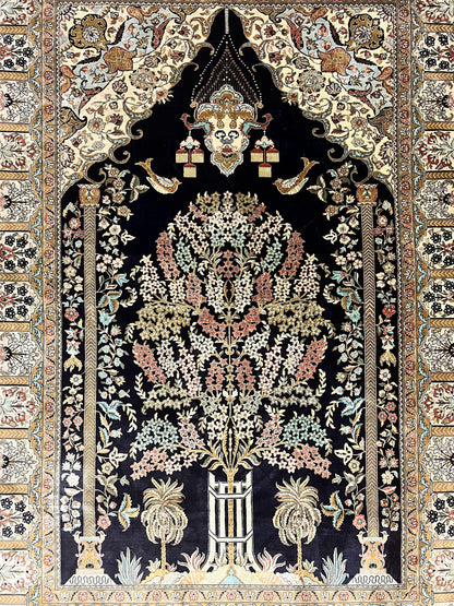 Wonderful Sino Persian Silk Rug 4x6, Tree of LIfe Design, Masterpiece 575 KPSI, Birds, Prayer Rug, Black, Silk on Silk - Nuvé