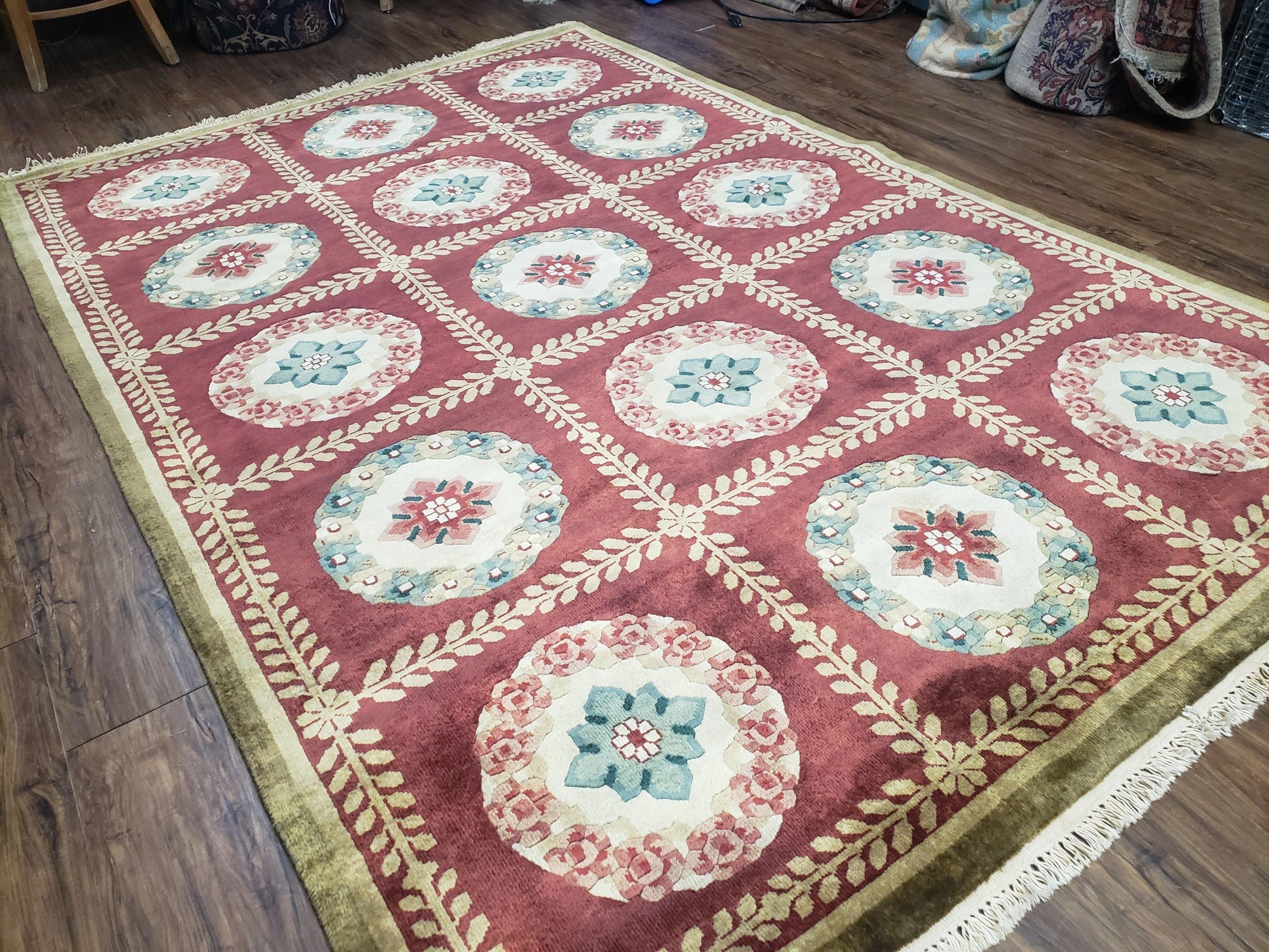 Nepalese Aubusson Panel Rug 6x9, Red & Ivory Soft Plush Tibetan Pile Rug, Wool Hand-Knotted Carpet, 6 x 9 Elegant Area Rug, Office Room Rug - Nuvé