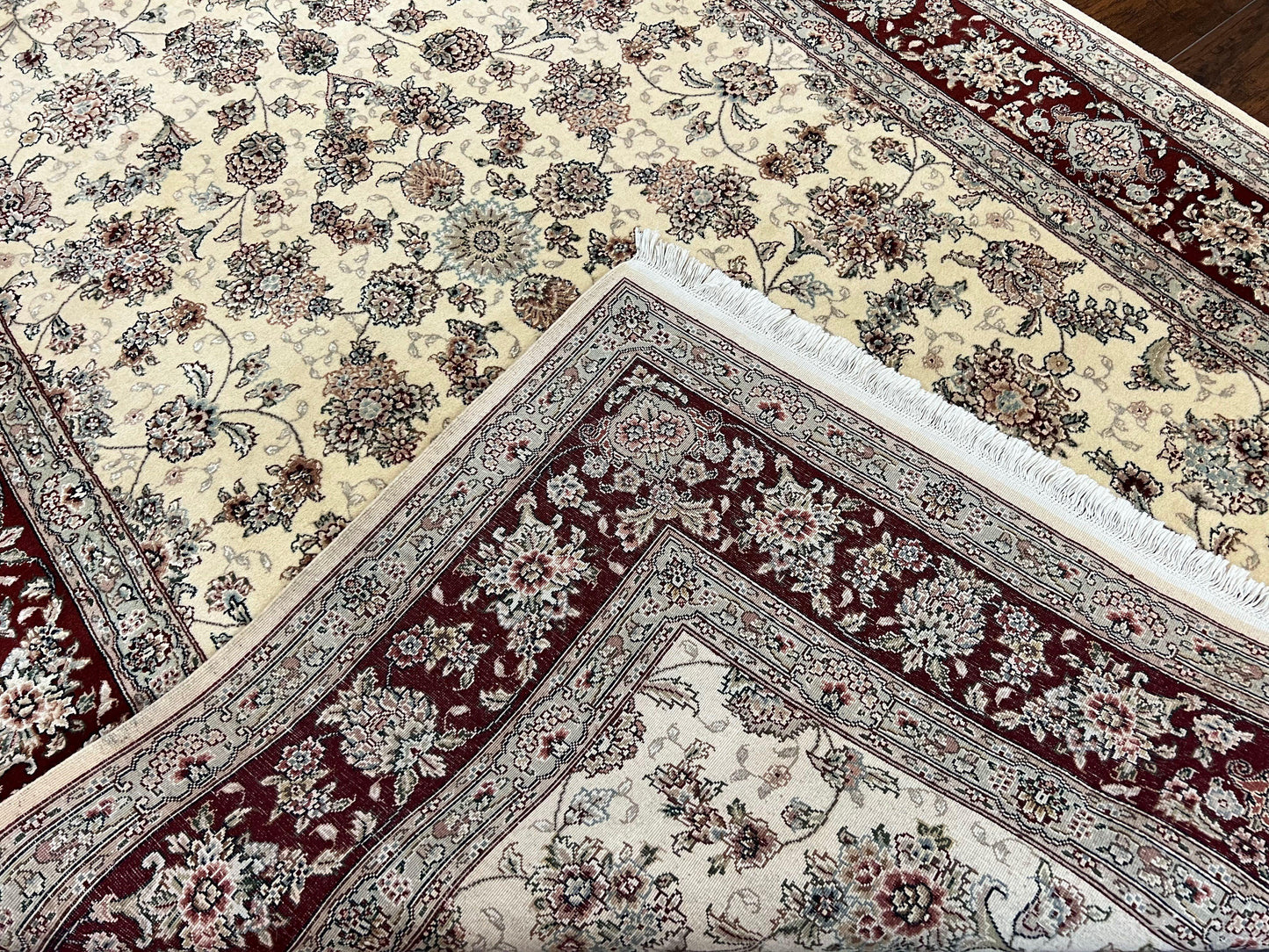 Pak Persian Rug 6x9, Floral Allover Carpet 6 x 9 ft, Cream and Maroon Hand Knotted Wool and Silk Fine Oriental Rug, Traditional Vintage Rug - Nuvé