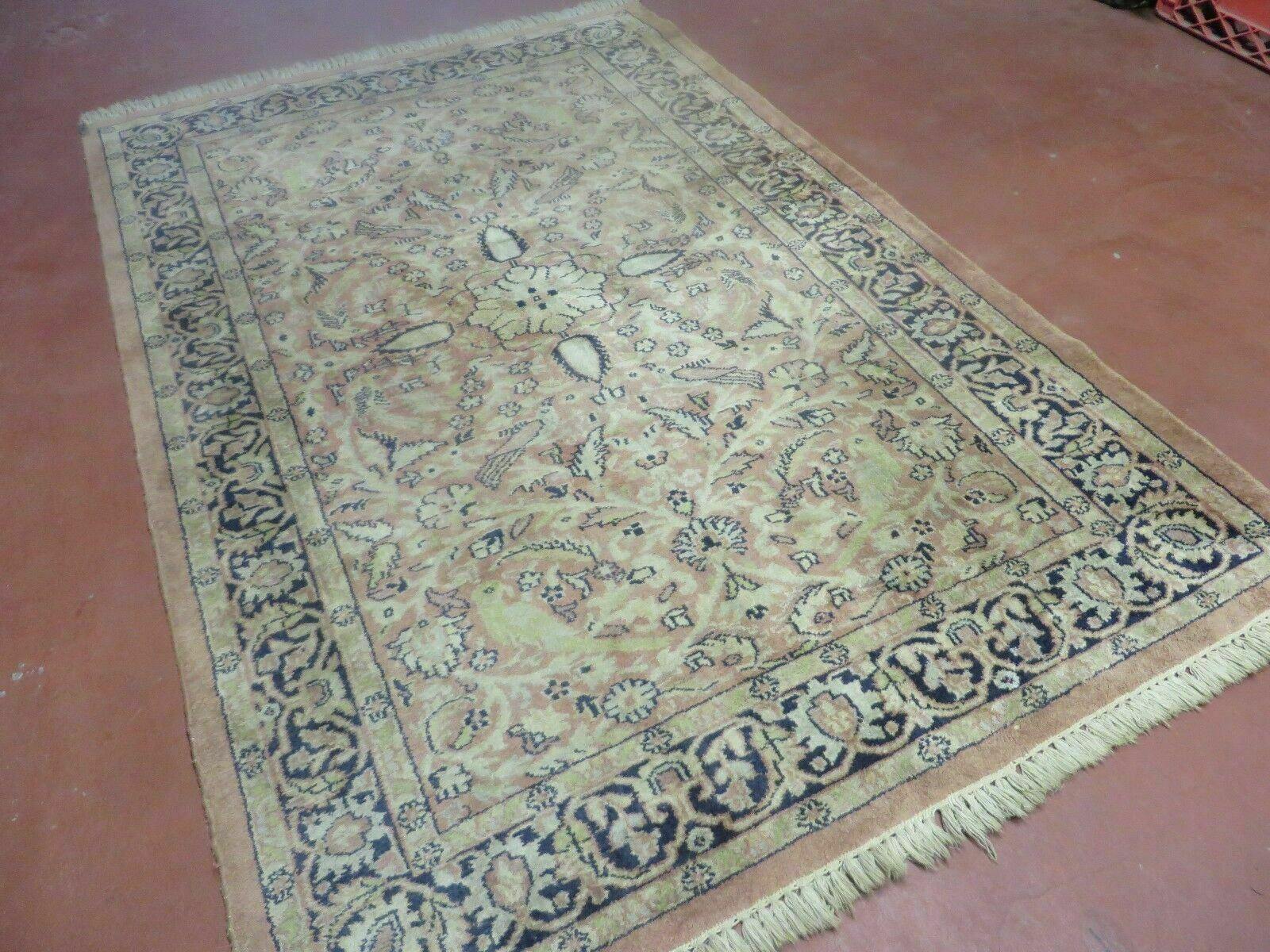 Indian Silk Rug 4x6, Indian Kashmiri Silk Carpet 4 x 6 ft, Vintage Hand Knotted Floral Bird Motifs, Light Pink and Navy Blue, Silk on Cotton - Nuvé