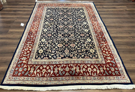 Indo Sarouk Rug 6x9, Vintage Indian Persian Rug, Wool Oriental Carpet, Navy Blue Red Allover Floral Rug, Traditional Very Fine Rug, Area Rug - Nuvé