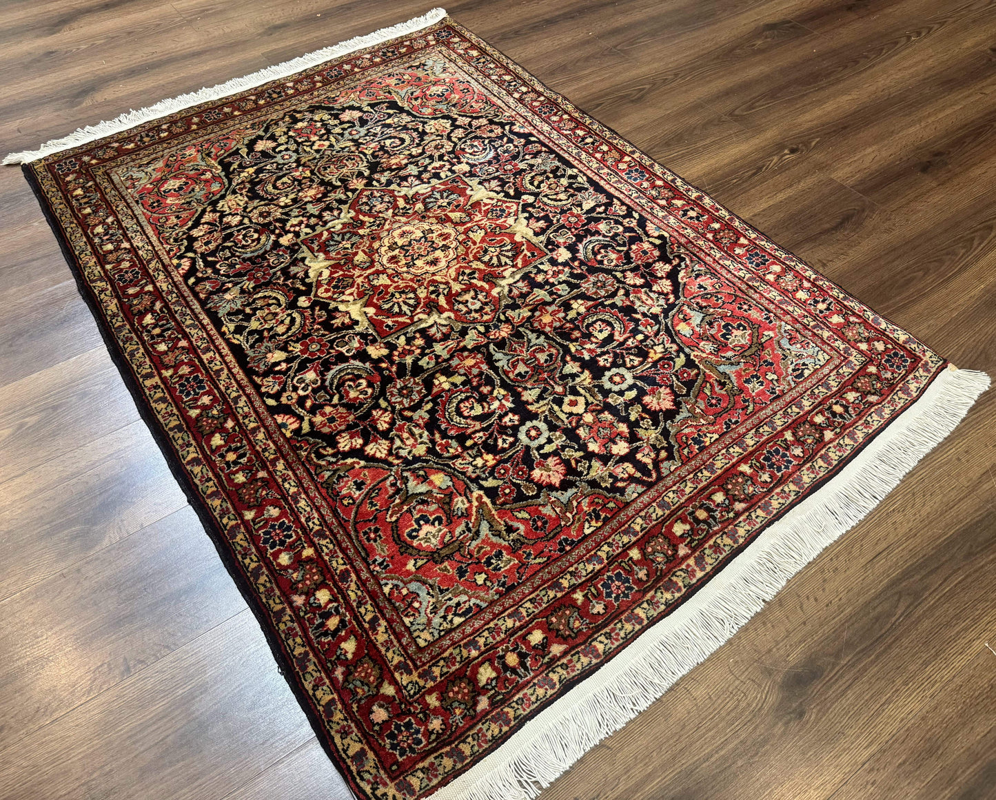 Antique Persian Sarouk Rug 4x5, Dark Blue and Red, Floral Medallion, Fine - Nuvé