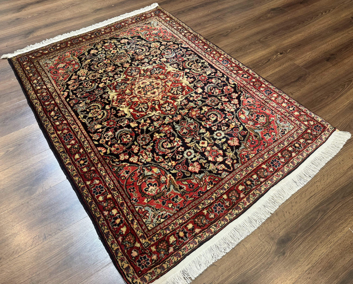 Antique Persian Sarouk Rug 4x5, Dark Blue and Red, Floral Medallion, Fine