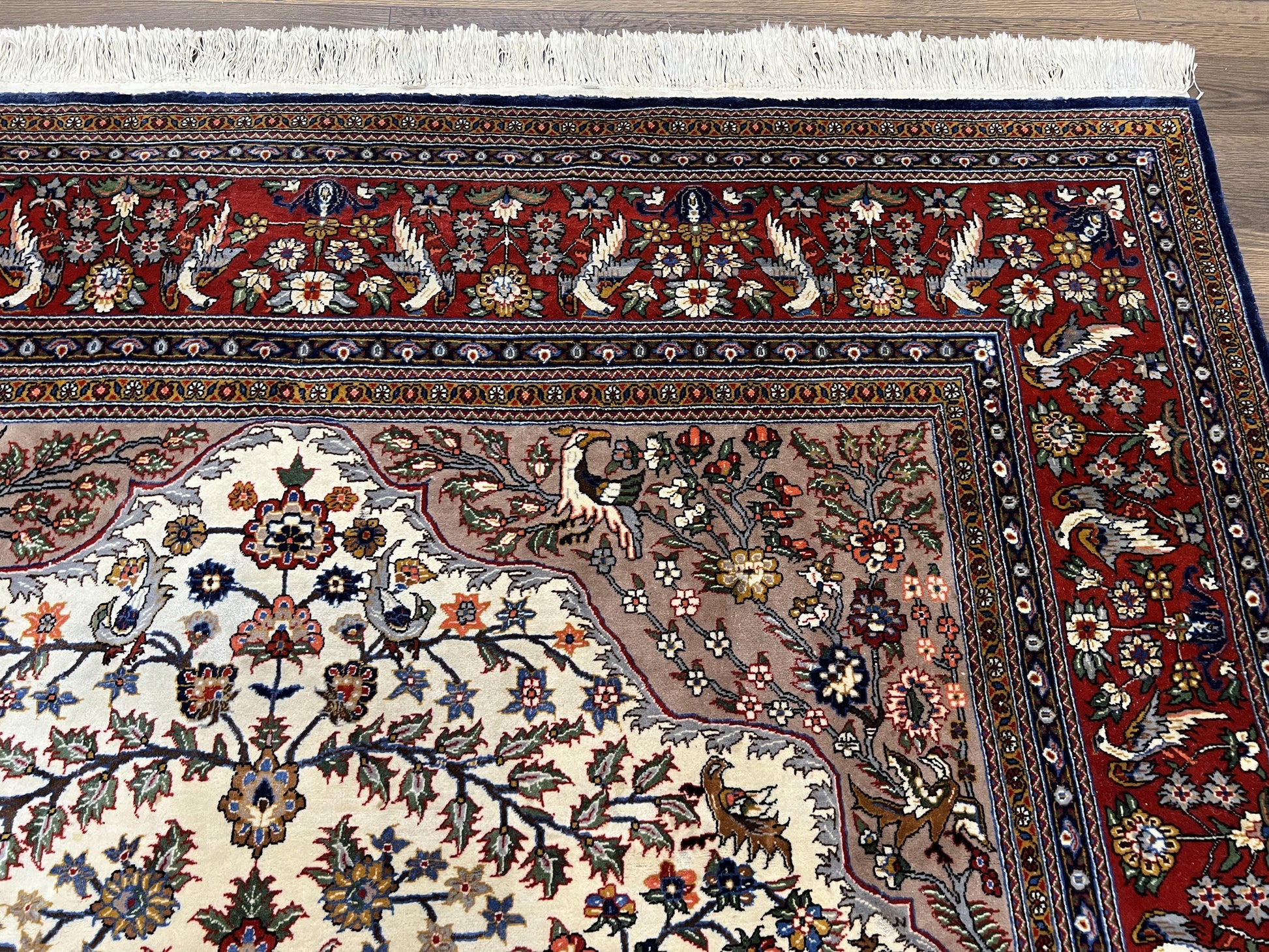 Beautiful Sino Persian Rug 7x10, Circle of Life Tree of Life Rug, Birds, Cream Red Navy Blue Taupe, Wool Silk Accents, Hand Knotted Vintage - Nuvé