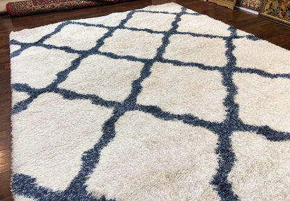 Modern Shag Rug 9x12, Ivory and Dark Blue, Diamond Pattern, Soft, Room Sized, Contemporary Rug, Plush - Nuvé