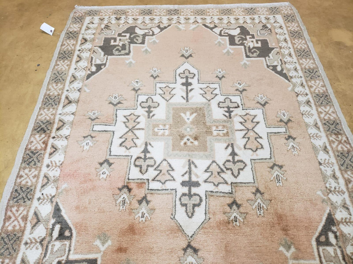 Antique Moroccan Rug 5x7 Tribal Carpet, Hand-Knotted Soft Wool Pile, 5 x 7 Area Rug, Berber Rug, Geometric Open Field Medallion, Pink Ivory