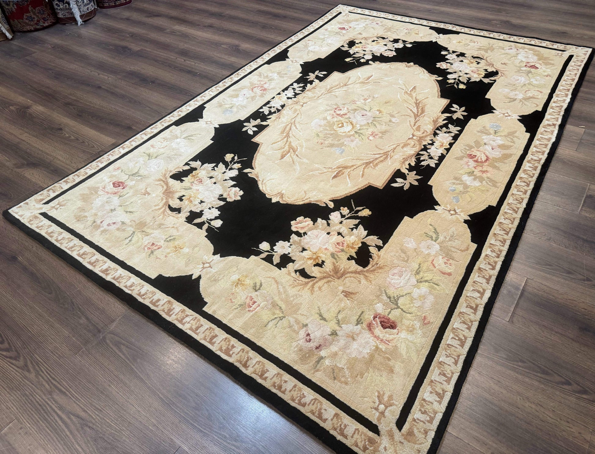Chinese Aubusson Rug 6x9, Wool Pile, Black, Floral, Elegant - Nuvé