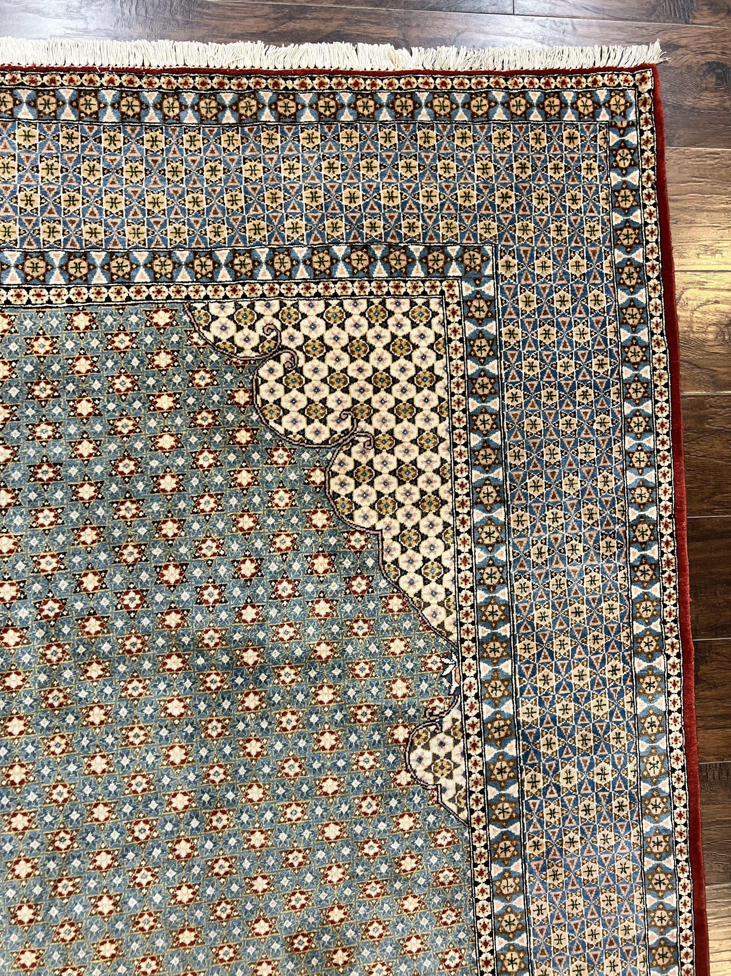 Rare Persian Rug 8x12, Qum Rug, Repeated Star Motifs, Blue and Ivory, Fine 300 KPSI, Hand Knotted Handmade Vintage Wool Rug - Nuvé