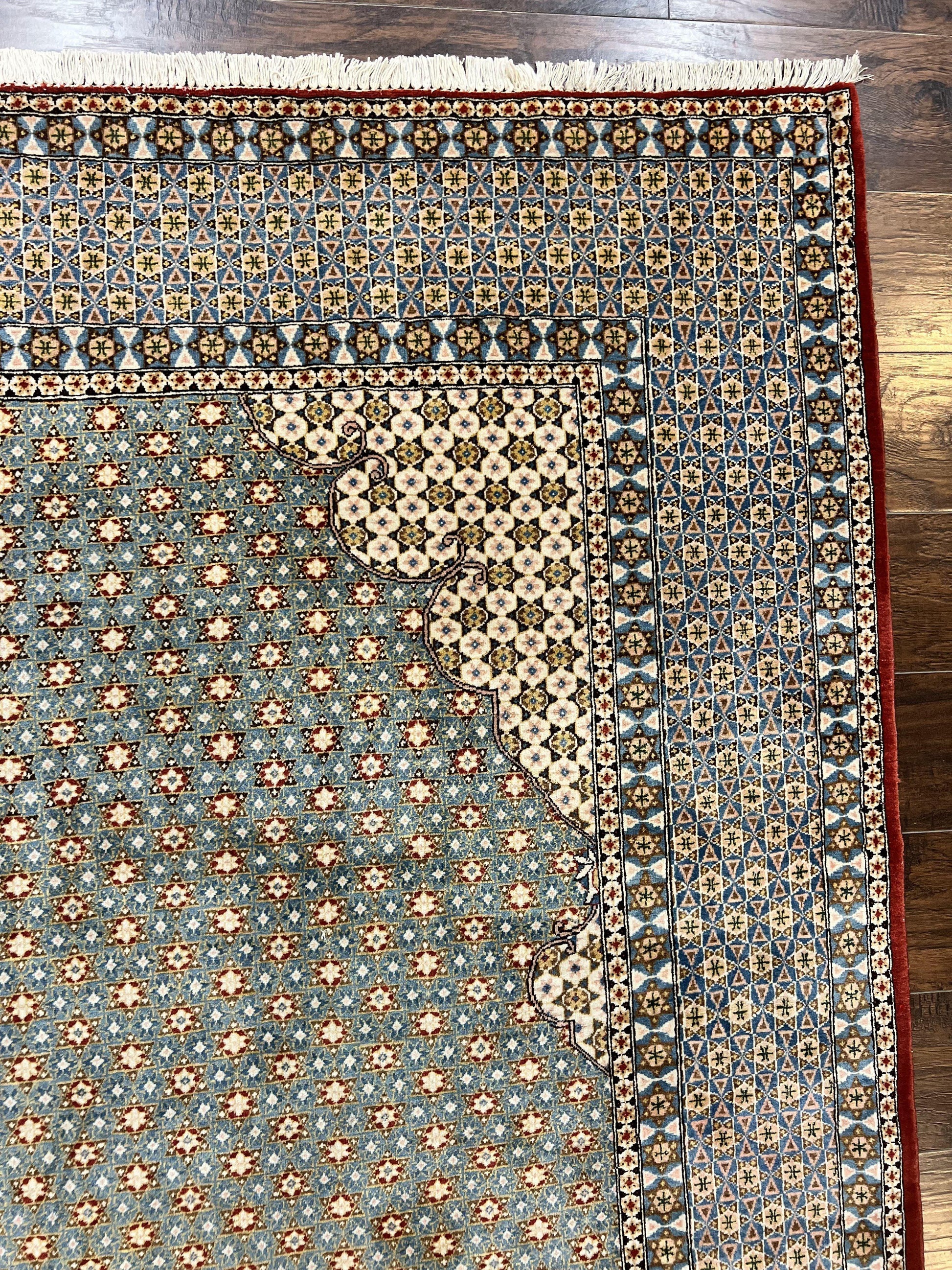 Rare Persian Rug 8x12, Qum Rug, Repeated Star Motifs, Blue and Ivory, Fine 300 KPSI, Hand Knotted Handmade Vintage Wool Rug - Nuvé