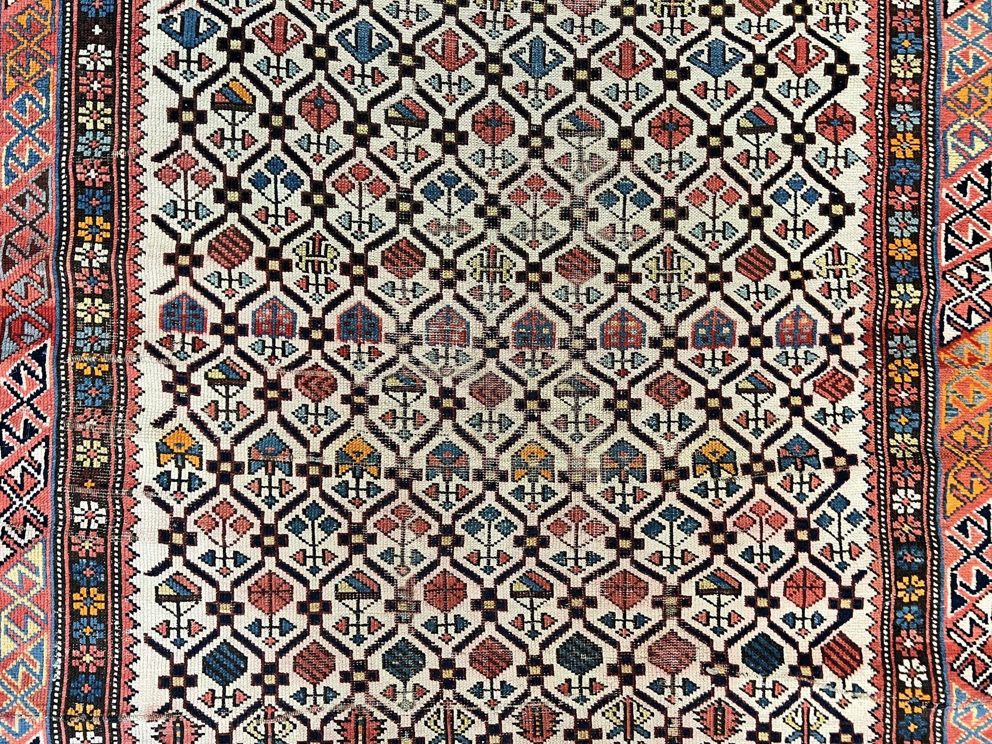 Antique Caucasian Rug 4x5, Hand Knotted Handmade Shirvan Oriental Carpet, Ivory Red Rug Allover Pattern, Rare Wool Rug, Tribal Geometric Rug - Nuvé