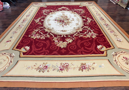 Large Aubusson Rug 10x14, Wool Handmade Vintage Carpet, Dark Red Ivory Tan, French European Elegant Aubusson Weave Rug - Nuvé