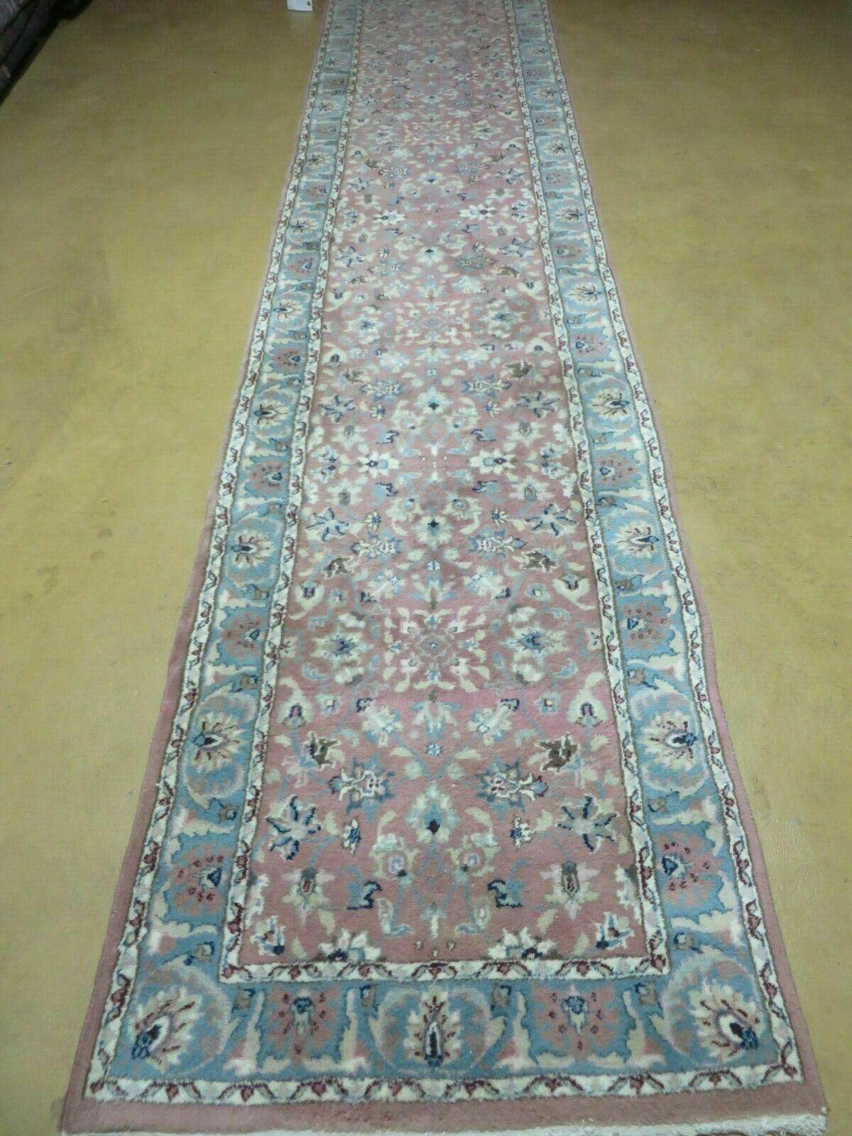 Indo Persian Runner Rug 2.8 x 12, Wool Hand Knotted, Pink and Light Blue - Nuvé