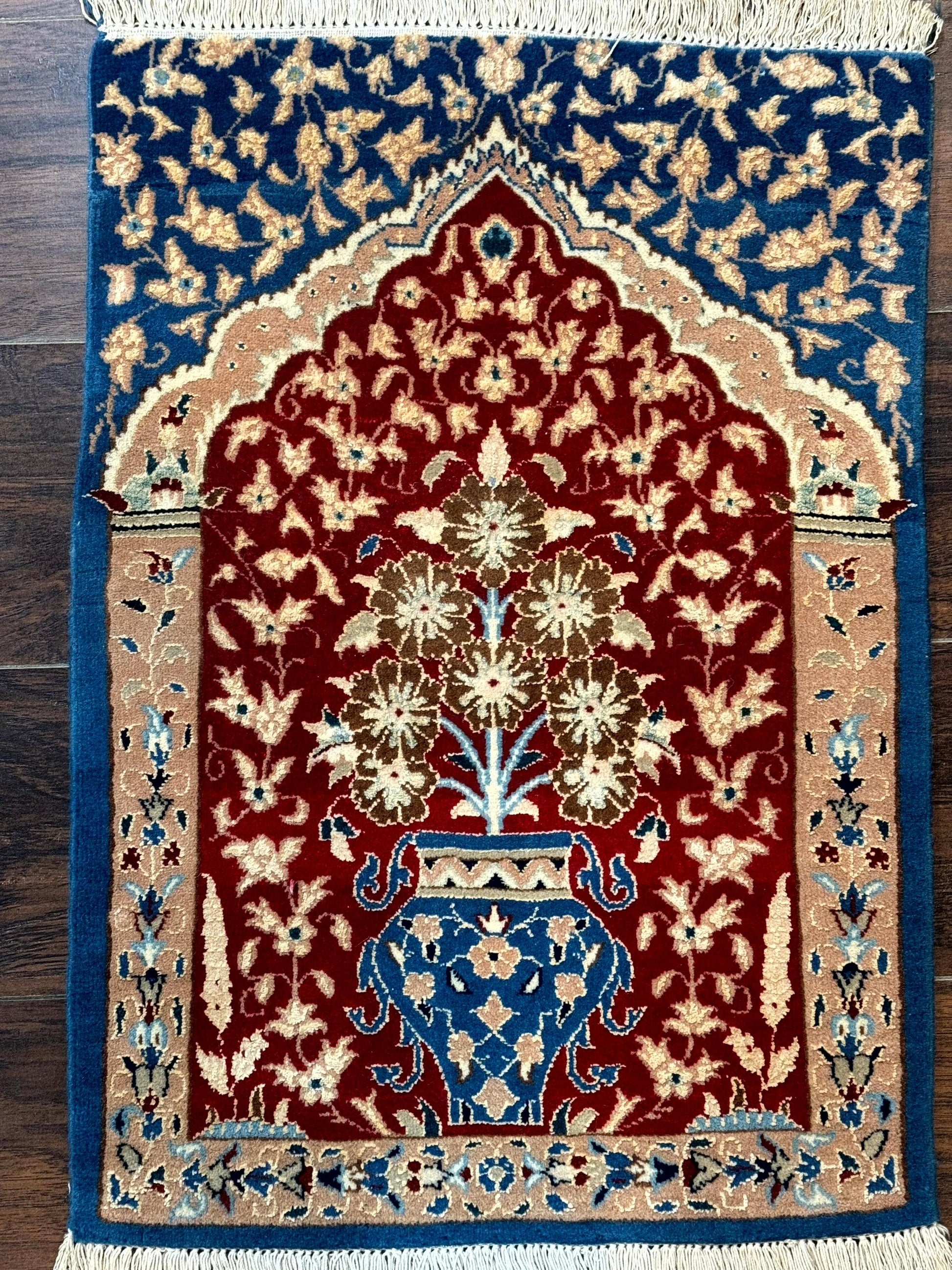 Small Persian Nain Rug, Persian Vase Tree of Life Design, Red and Blue, Very Fine 260 KPSI, Wool and Silk Highlights - Nuvé