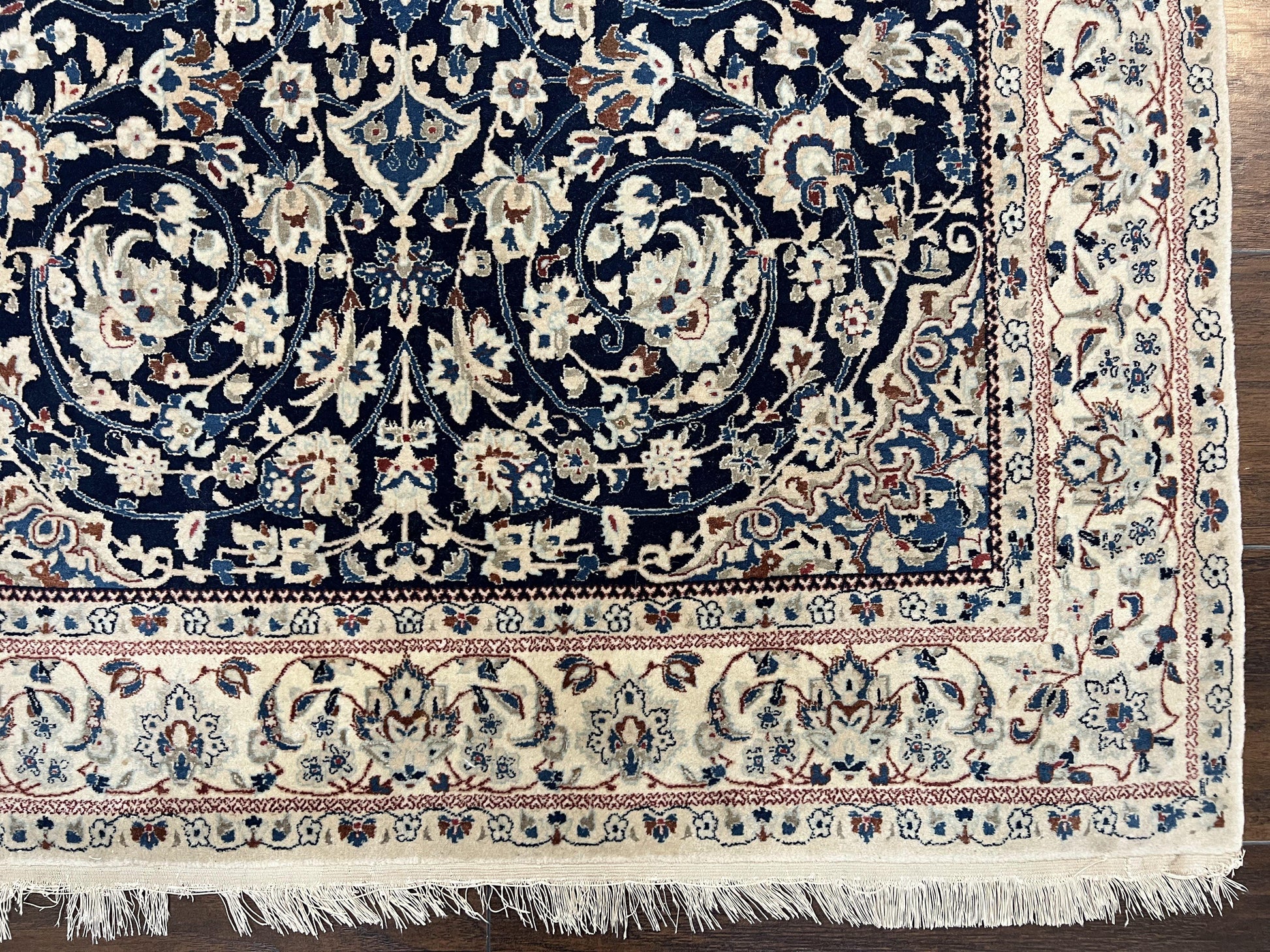 Very Fine Persian Nain Rug 3.7 x 6, Floral Medallion, Wool and Silk Accents, Highly Detailed, Hand Knotted Oriental Carpet, Navy Blue Ivory/Cream - Nuvé