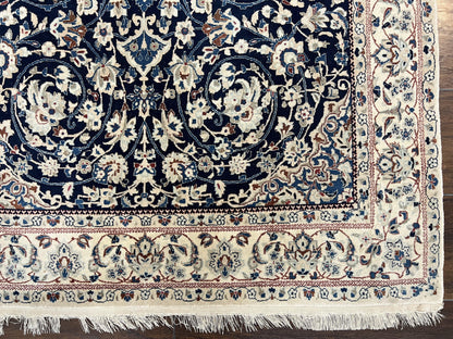 Very Fine Persian Nain Rug 3.7 x 6, Floral Medallion, Wool and Silk Accents, Highly Detailed, Hand Knotted Oriental Carpet, Navy Blue Ivory/Cream - Nuvé