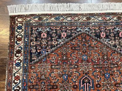 Red Persian Hamadan Rug 4x6, Wool Handmade Antique Carpet, Geometric Medallion Rug, Oriental Rug 4 x 6, Persian Tribal Rug, Hand Knotted Rug - Nuvé
