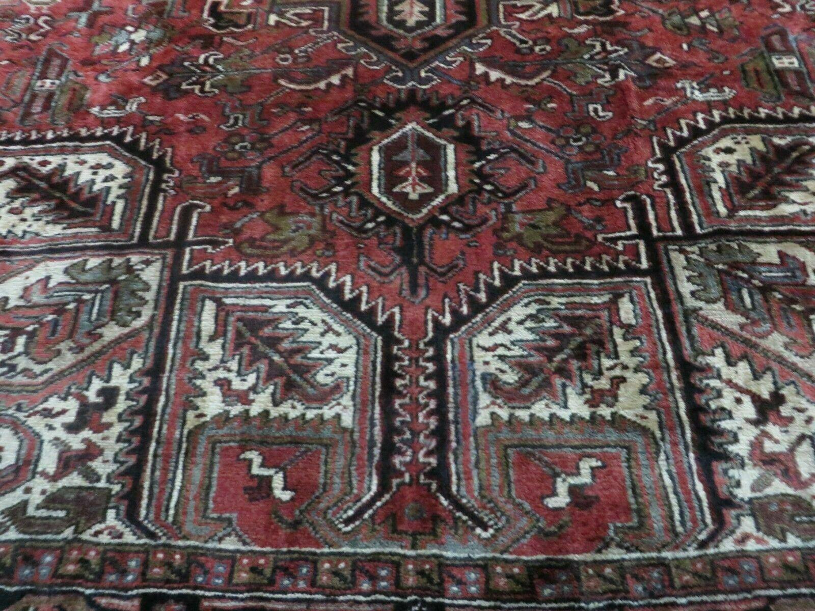 Persian Heriz Rug 8x12 Semi Antique Heriz Carpet, Room Sized Persian Carpet, Geometric Medallion, Wool, Hand Knotted, Red Ivory Dark Blue - Nuvé