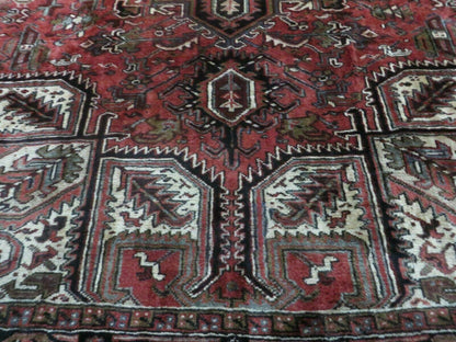 Persian Heriz Rug 8x12 Semi Antique Heriz Carpet, Room Sized Persian Carpet, Geometric Medallion, Wool, Hand Knotted, Red Ivory Dark Blue - Nuvé