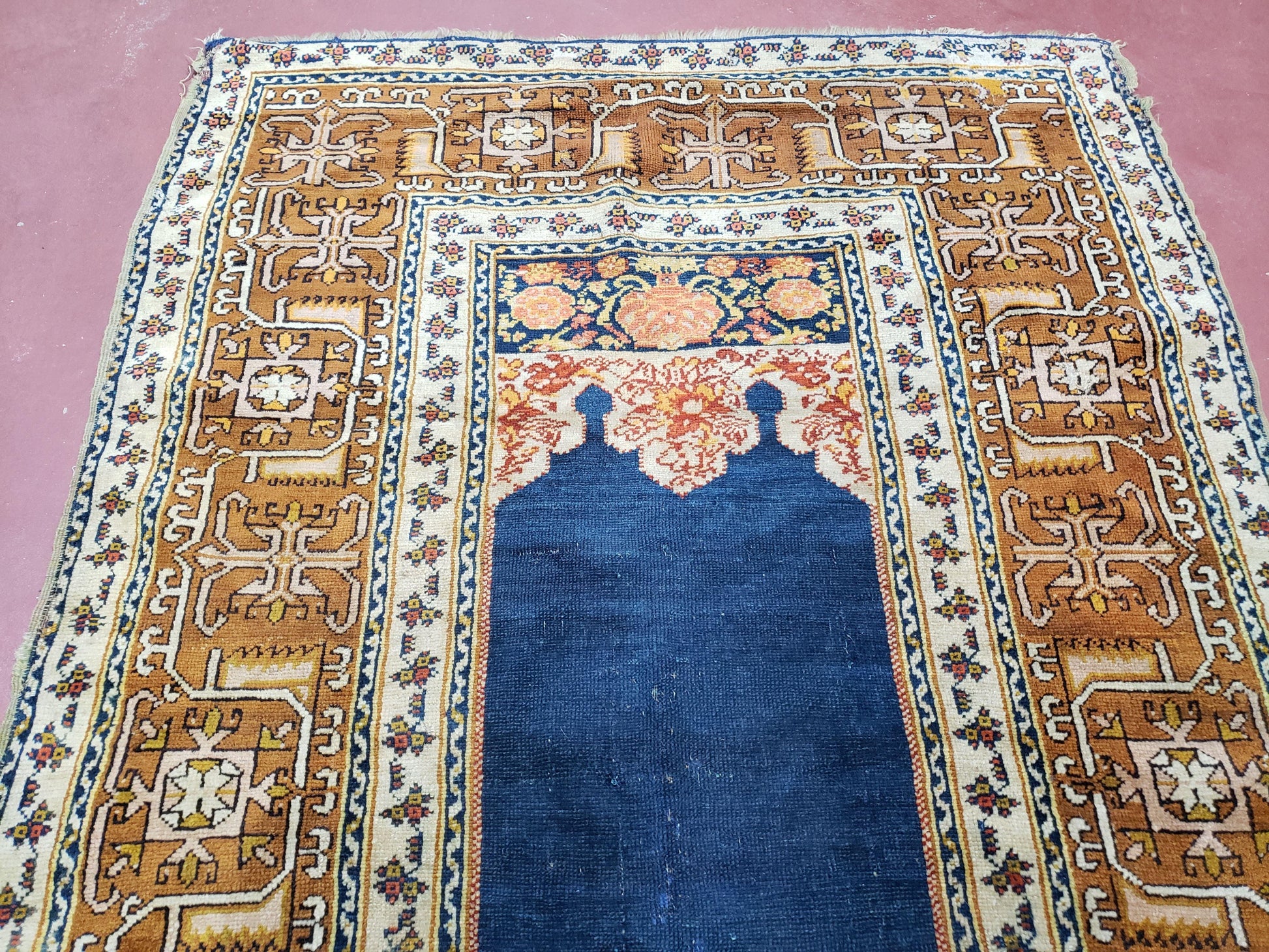 Antique Turkish Anatolian Ghiordes Prayer Rug, Twin Mihrabs, Rare Collectible Oriental Rug, Early 20th Century Prayer Rug, 3'9" x 5'2" - Nuvé