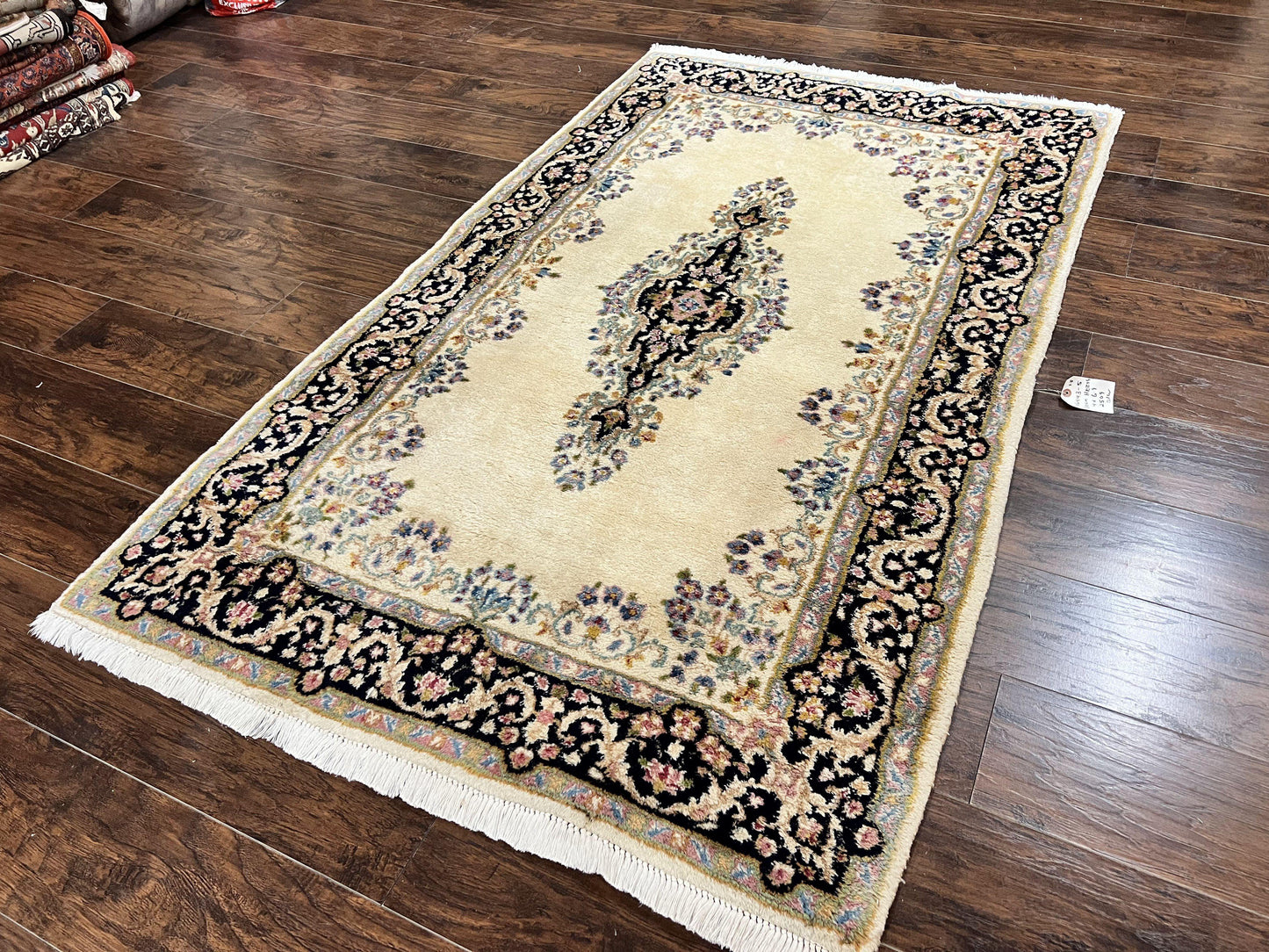 Persian Kirman Rug 4x7, Wool Hand Knotted Antique Carpet, Beige, Semi Open Field Medallion Rug, Traditional Handmade Oriental Rug - Nuvé