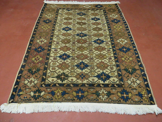 4' X 5' Antique Handmade Caucasian Kazak Shirvan Wool Rug Snow Flakes - Nuvé