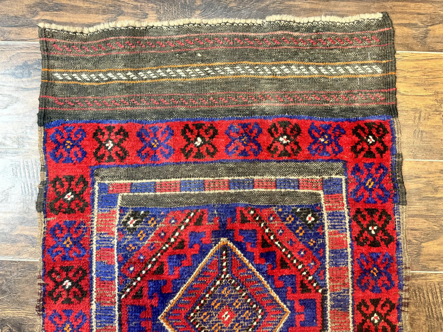 Turkoman Runner Rug 2 x 8.6, Skinny Runner, Handmade Wool Carpet for Hallway, Red and Blue, Wool, Vintage 8ft Runner - Nuvé