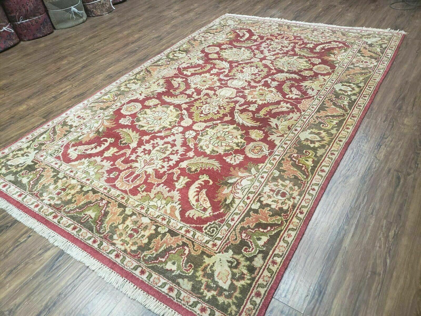 Indo Persian Rug 6x9, Hand Knotted Vintage Indian Sultanabad Agra Wool Rug, Handmade Oriental Carpet 6 x 9, Red Large Floral Design - Nuvé