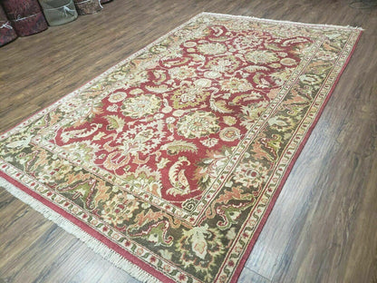 Indo Persian Rug 6x9, Hand Knotted Vintage Indian Sultanabad Agra Wool Rug, Handmade Oriental Carpet 6 x 9, Red Large Floral Design - Nuvé