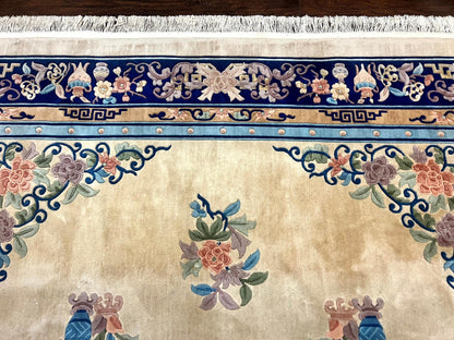 Chinese Wool Rug 8x11, Peking Asian Oriental Carpet, Cream/Ivory and Blue, Vintage Handmade Rug, Art Deco Rug - Nuvé