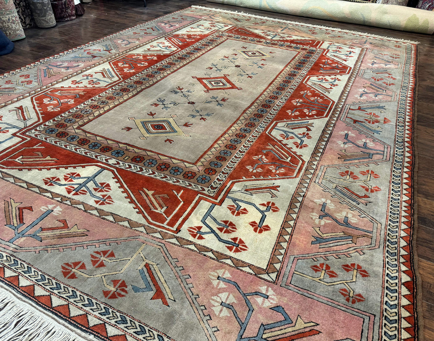 Large Turkish Milas Rug 10x13, Gray, Vintage, Wool on Wool - Nuvé